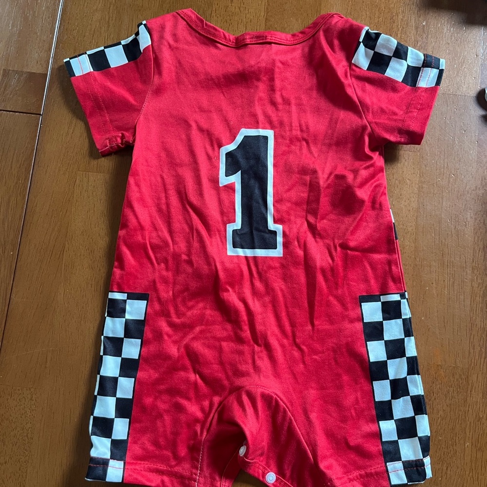 Red Racing Romper with Checkered Pattern